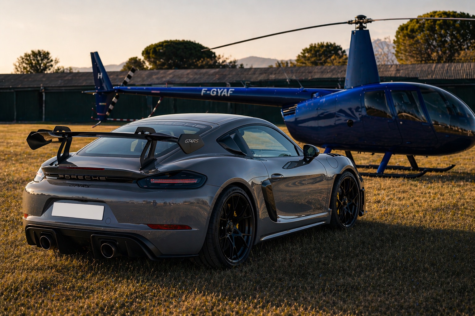 Porsche near a helicopter during the Roman Castles tour